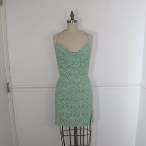SHEIN GREEN & BLUE ABSTRACT PRINT COWL MINI DRESS WITH TIE BACK & SLIT SIZE S